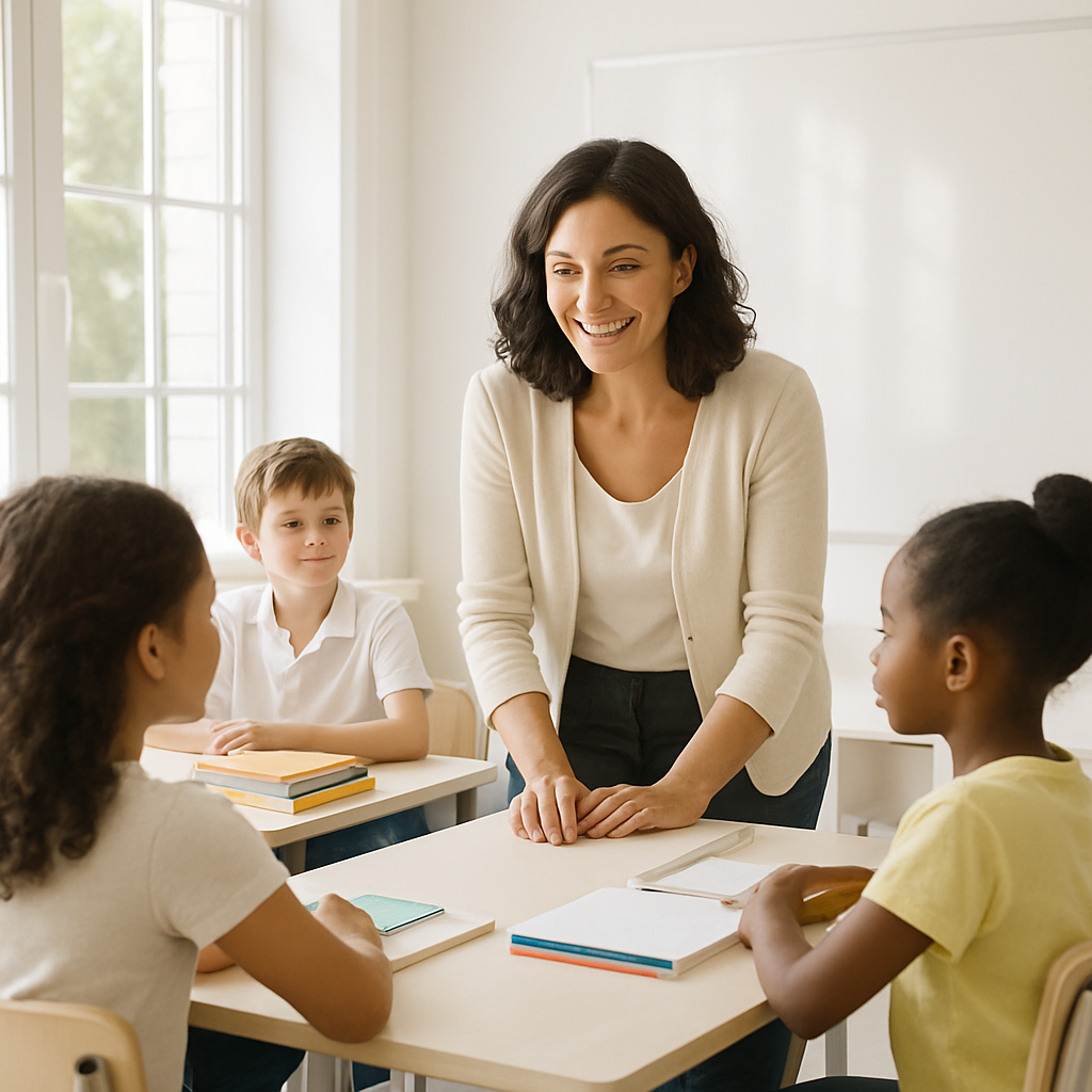 In a bright allwhite classroom an female teacher with warm expressive eyes engages a diverse group of young students who are sitting attentively at their desks Sunlight streams through large windows casting soft shadows that enhance the serene atmosp-1