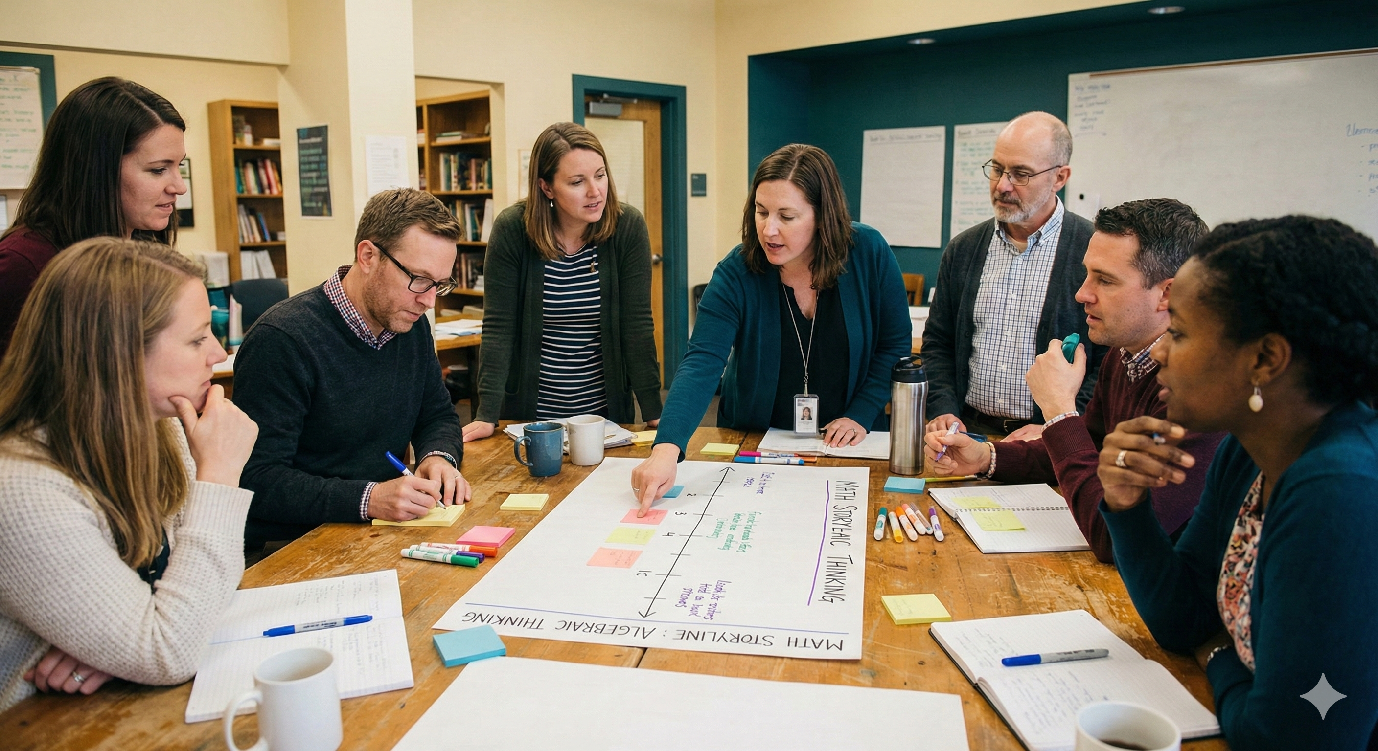 Educators collaborating on a math storyline timeline in a workshop