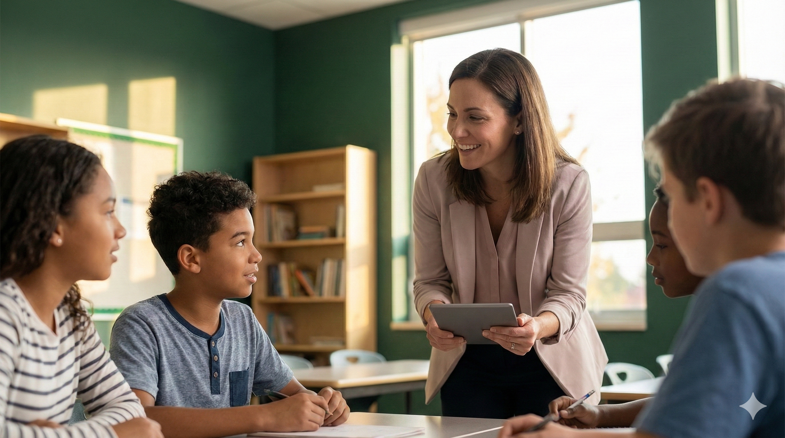 Teacher mentoring students in a classroom